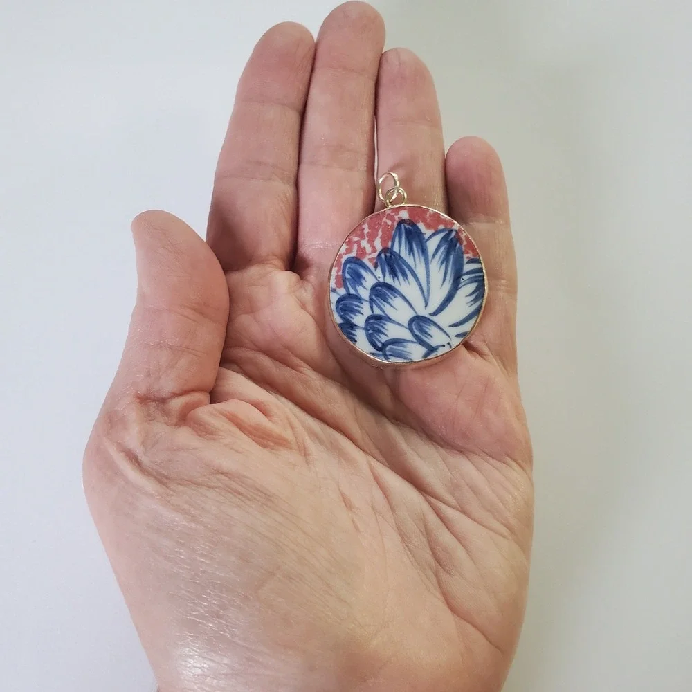 Artisan Floral Pendant Ming Blue Coral White Porcelain Pottery Shard Chinoiserie
